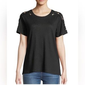 PAIGE Cassandra Linen Crochet T-Shirt, Black, Size Medium